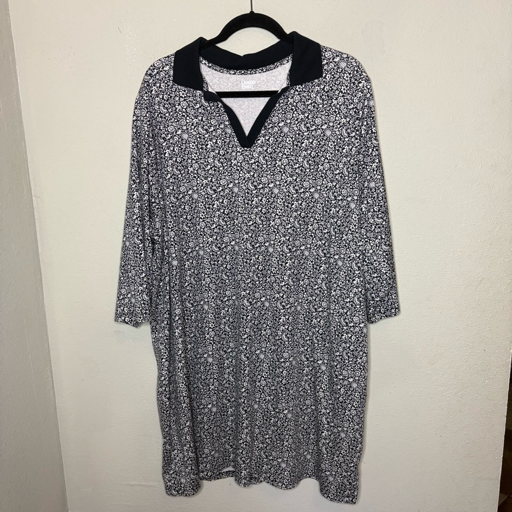 Lands' End Black & White Floral Collar Tunic Dress Size 3x